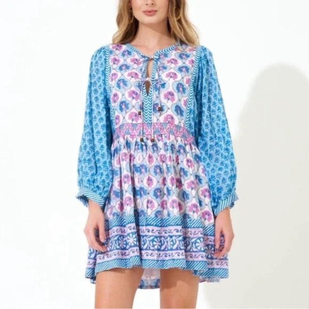 Oliphant Iris Blue Tie Front Balloon Mini Dress 1156V Floral Cotton Womens M